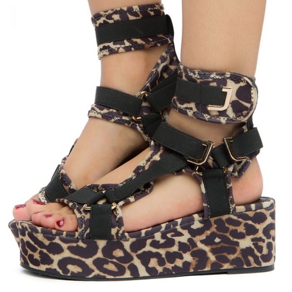 Pazzle Leopard Print Platform Sandals Womens 10 Black Strappy Ankle Strap - Picture 13 of 14